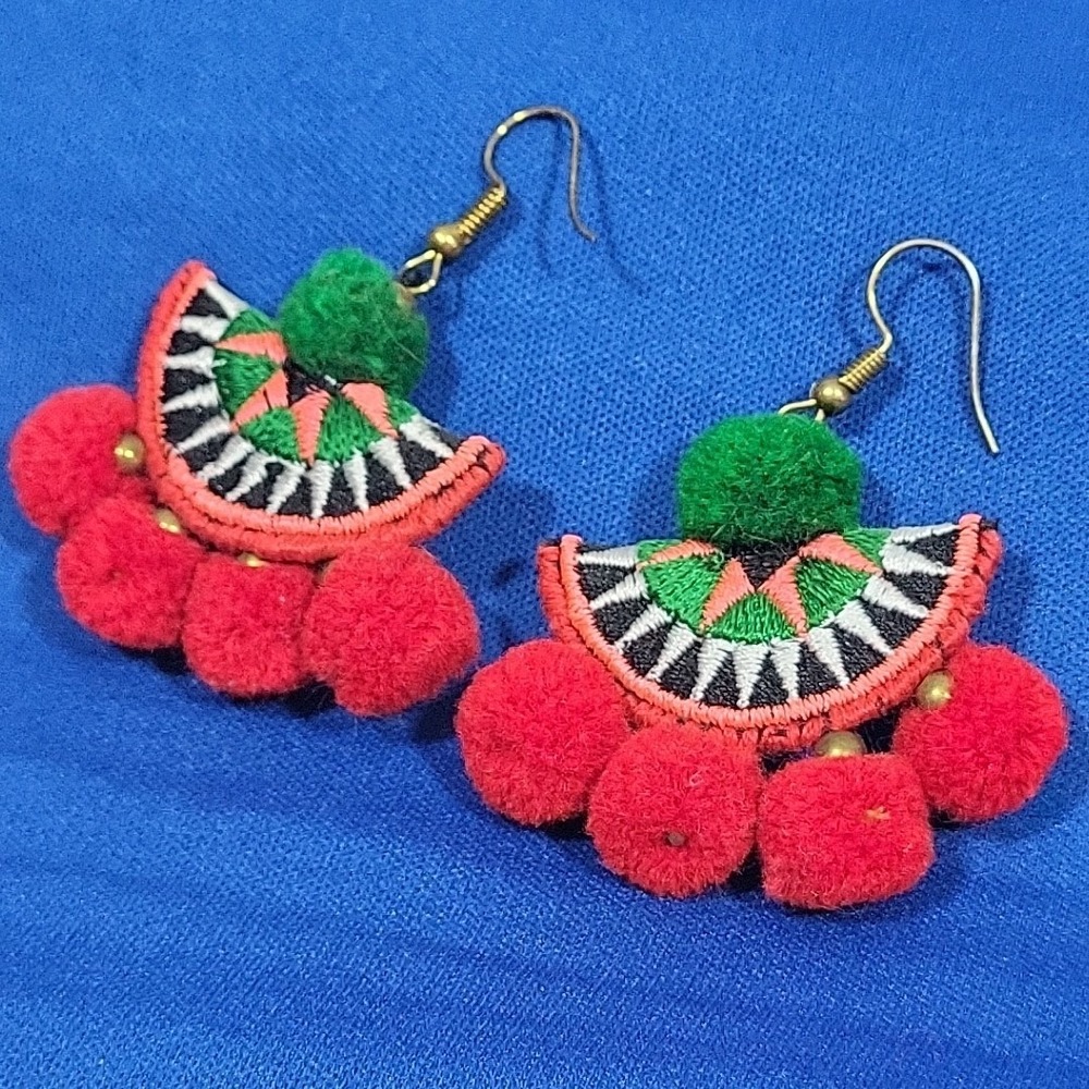 Vintage Southwest Theme Earrings Boho Embroidered Pompom Dangle Hooks